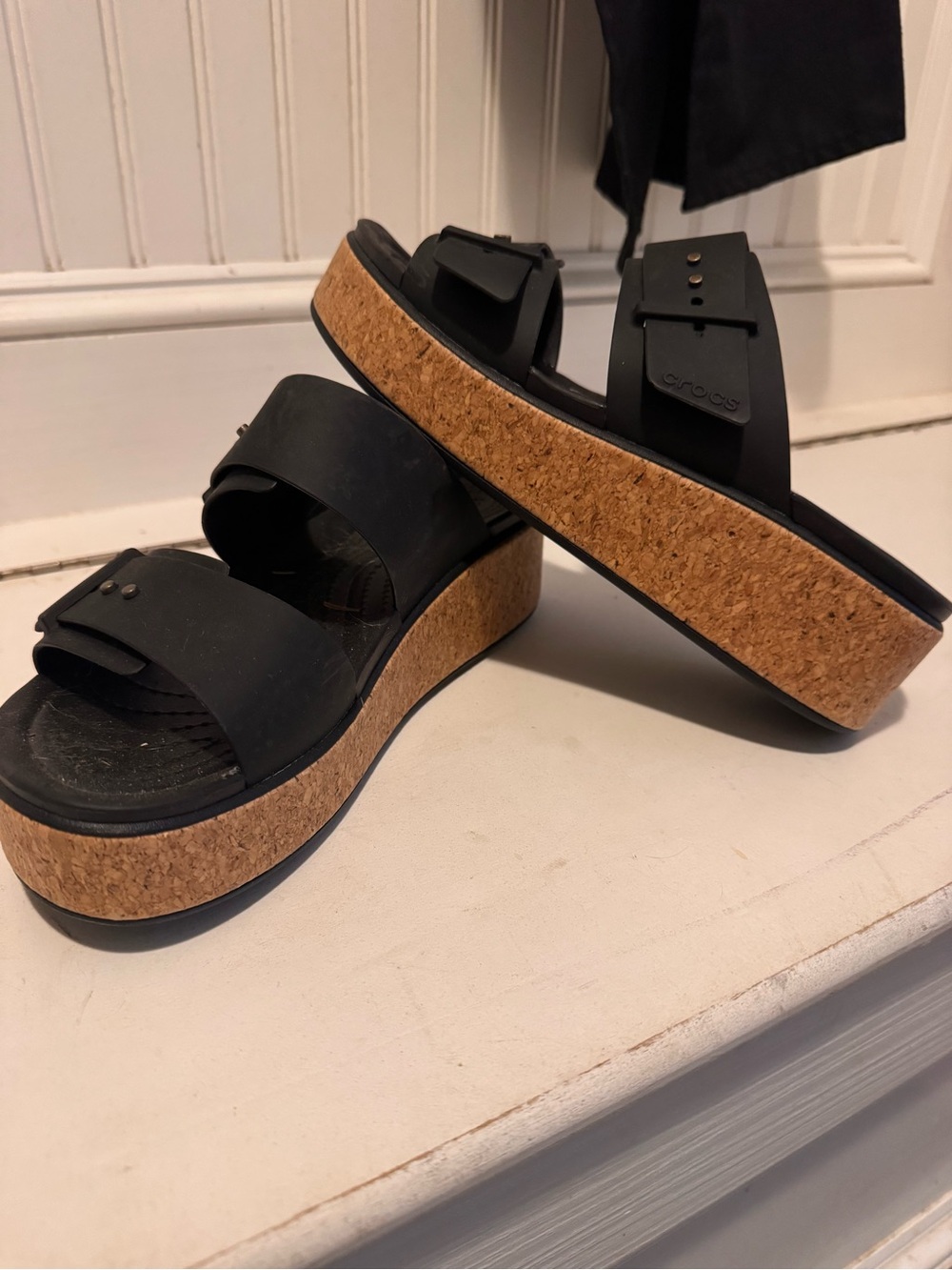 CROCS Black Cork-Platform Double-Buckle Slide Sandals